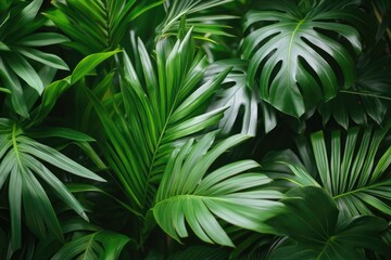 Fototapeta premium Lush green foliage background. Close-up of various tropical plants. Vibrant, healthy leaves
