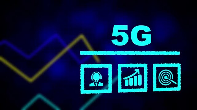 A 5G business concept on a flashing computer monitor with moving graphs and data. histogram business graph Statistic and data, information infographic on digital technology strategy background.