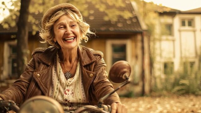 Coole Oma, Rentnerin f&auml;hrt mit einem Motorrad durch die Gegend, Generative AI