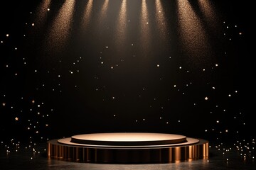 Empty gold pedestal stage with spotlights