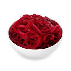 Raw beetroot noodles in bowl isolated on white. Vegetarian dish