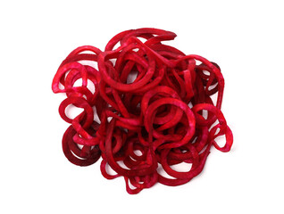 Raw beetroot noodles isolated on white, top view. Vegetarian dish
