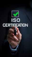 Person holding stylus touching glowing text confirming I S O certification approval hand