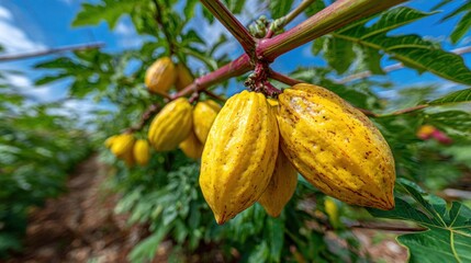Close-up of ripe, yellow cocoa pods on a branch