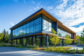 Modern office building with glass facade and wood accents