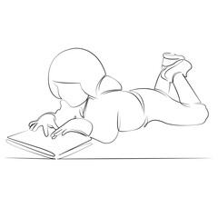 One continuous line drawing on white isolated background. Minimalism linear illustration. child, education, schoolgirl, technology, girl, school, tablet, cyberspace, student