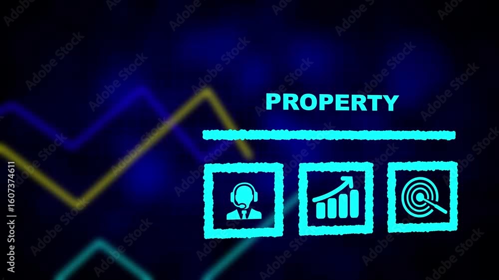 Poster property business concept on a flashing computer monitor with moving graphs and data. business profi