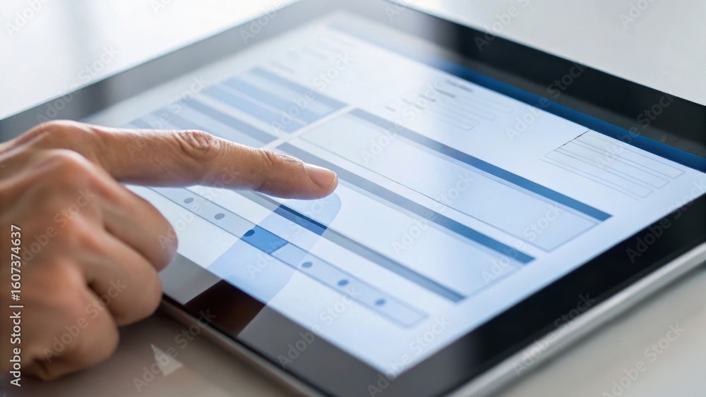 Poster a person interacting with a digital tablet, navigating through a user interface with a finger on the