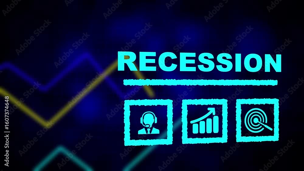 Poster recession business concept on a flashing computer monitor with moving graphs and data. business prof