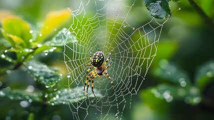 Spider in Dew-Covered Web in the Wild