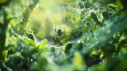 Spider in Dew-Covered Web in the Wild
