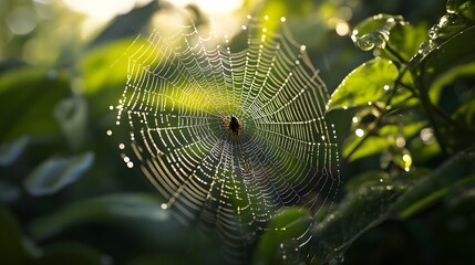 Spider in Dew-Covered Web in the Wild