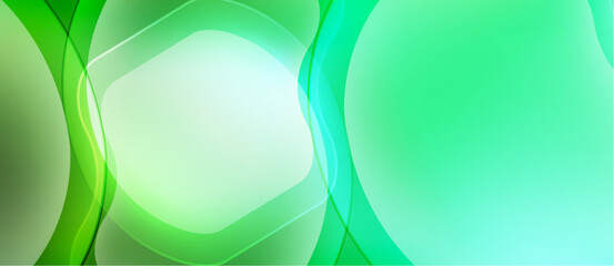 Abstract green background. Smooth shapes overlap, creating light reflections. Gradient colors suggest depth, freshness. Modern design element.