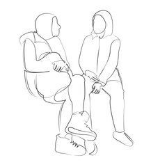 One continuous line drawing on white isolated background. Minimalism linear illustration. person, discussion, indoor, office, business, adult, sitting, man, colleague