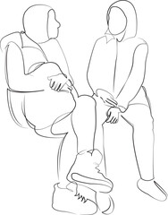 One continuous line drawing on white isolated background. Minimalism linear illustration. person, discussion, indoor, office, business, adult, sitting, man, colleague