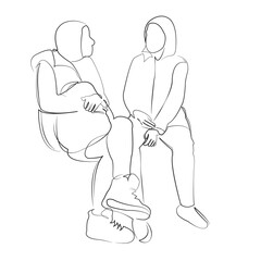 One continuous line drawing on white isolated background. Minimalism linear illustration. person, discussion, indoor, office, business, adult, sitting, man, colleague