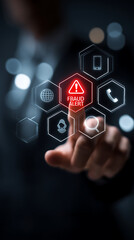 Person interacting with digital fraud alert icons representing security and communication technology