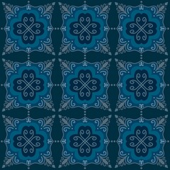 Seamless Ornamental Tile Pattern in Navy Blue and Teal, Classic Vintage Floral Motif with Gray Accents, Retro Ceramic Style for Elegant Interior.
