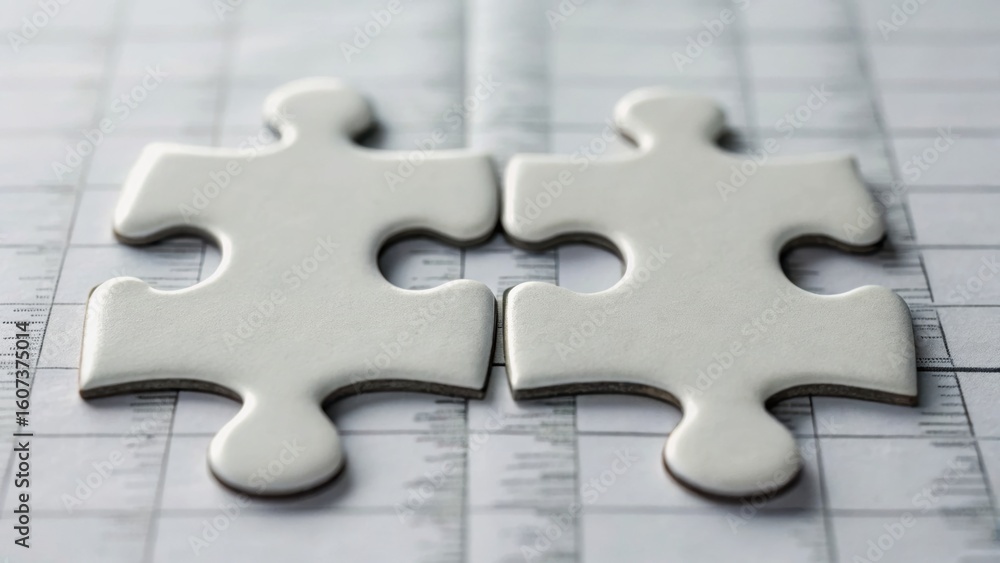 Poster two interlocking puzzle pieces on a grid background, symbolizing connection and problem-solving.