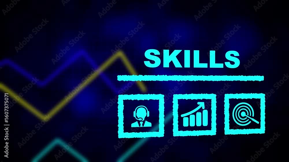 Poster skills business concept on a flashing computer monitor with moving graphs and data. business profit 