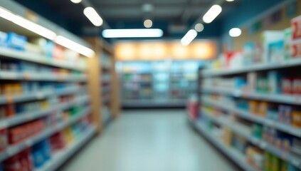 Blurred background of supermarket shelves with products, creating a depth blur effect. abstract blur shelf in supermarket