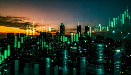 A city skyline at sunset featuring softly blurred skyscrapers to evoke a dreamy atmosphere, with an economic chart overlaid on the background. Economic background