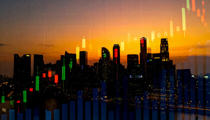 A city skyline at sunset featuring softly blurred skyscrapers to evoke a dreamy atmosphere, with an economic chart overlaid on the background. Economic background