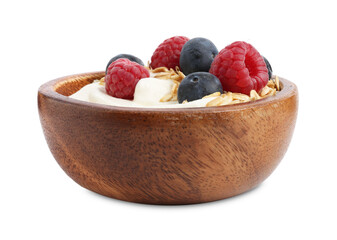 Tasty yogurt with granola and berries in bowl isolated on white