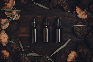 Captivating flat lay of reishi and chaga tincture bottles with matching dried mushroom pieces and spring accents on natural surface