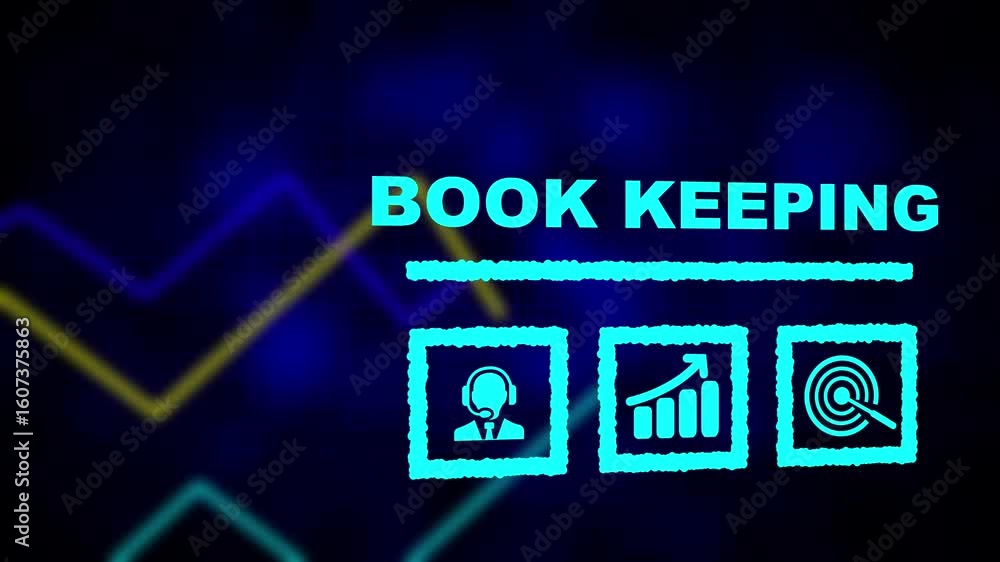 Poster bookkeeping business concept on a flashing computer monitor with moving graphs and data. abstract da