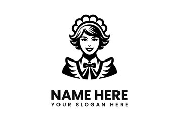 Smiling Maid Logo Design Black and White Illustration.
