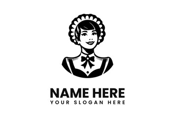 Smiling Maid Icon with Bow Tie and Detailed Bonnet in Black and White.