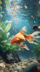 Tiny Boy Feeding Giant Goldfish in Aquarium