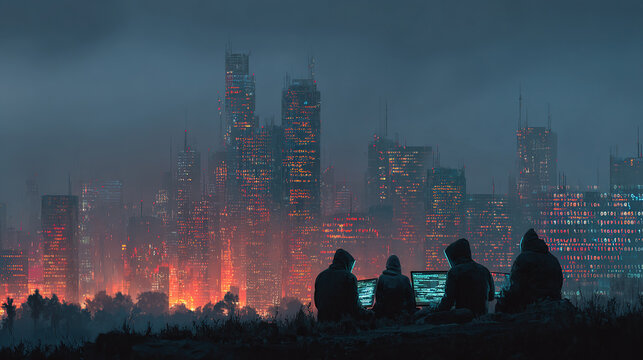 Silhouette of hackers working on computers with a glowing city background at night.