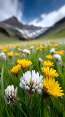 Obraz premium Vibrant wildflowers in a mountainous meadow landscape