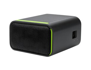 Obraz premium Black portable speaker with green accent isolated on white background