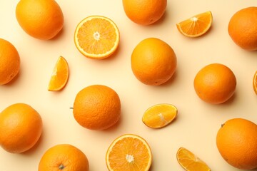 Fresh ripe oranges on beige background, flat lay