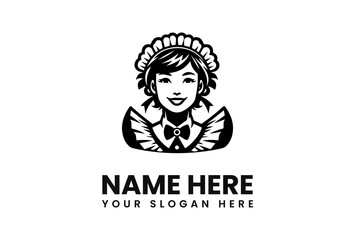 Smiling Maid Logo Design in Monochrome Style.
