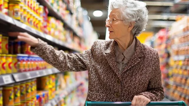 Seniorin, alte Frau beim Einkaufen im Supermarkt, Generative AI