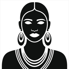 (Tribal Earrings)Abstract Black Silhouette Woman with Statement Jewelry - Unique Fashion Art.