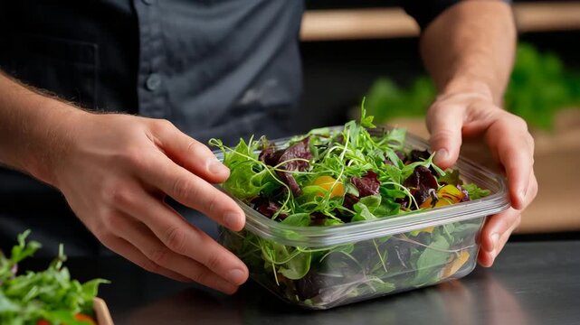 Man is holding a salad in a plastic container. The salad is made of lettuce, spinach. unwashed hands touching prepackaged salad &ndash; improper food handling, listeria