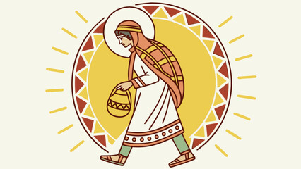 Stylized illustration of a woman with a halo carrying a basket in a patterned circle design