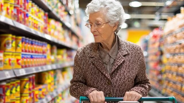 Seniorin, alte Frau beim Einkaufen im Supermarkt, Generative AI