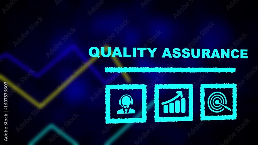 Poster quality assurance business concept on a flashing computer monitor with moving graphs and data. graph