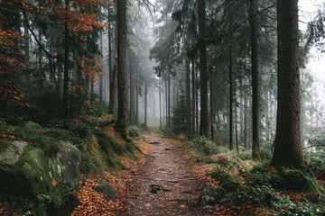 Obraz premium Misty Forest Path in Autumn.