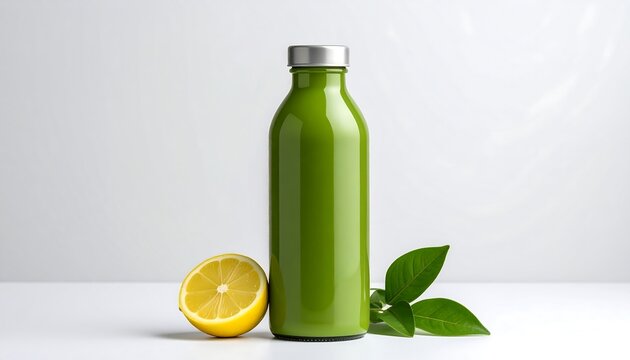 Green smoothie bottle, lemon, leaves
