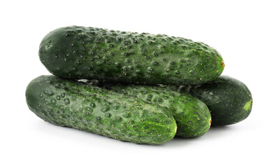 Many fresh green cucumbers isolated on white