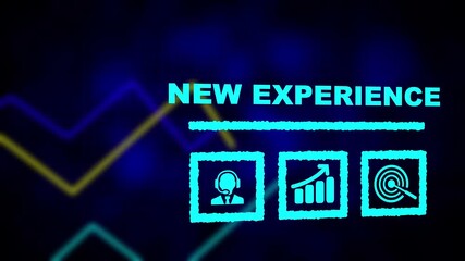 A New Experience business concept on a flashing computer monitor with moving graphs and data. Graph displaying candlesticks and lines representing the business concept of trading or finance