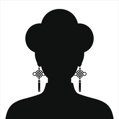 Minimalist Black Silhouette Vector: Woman in Cheongsam with Elaborate Updo and Chinese Knot Tassel Earrings – Ideal for Cultural Graphics, Asian Themes & Elegant Designs
