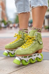 Fashionable lime green roller skates with yellow laces and retro style on city street.